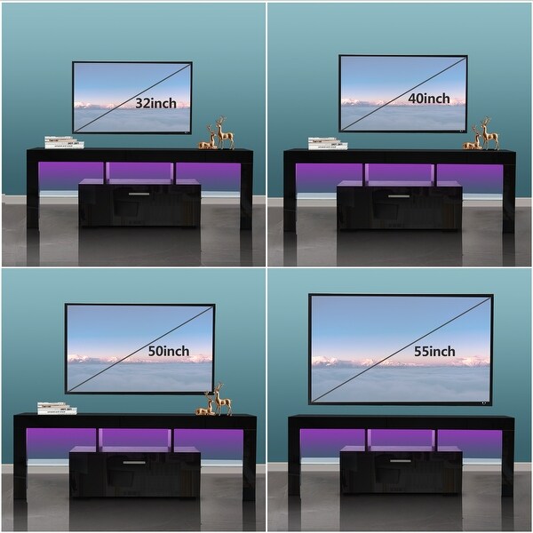 51''L RGB LED High Glossy TV Stand Console Cabinet with 2 Glass Shelf