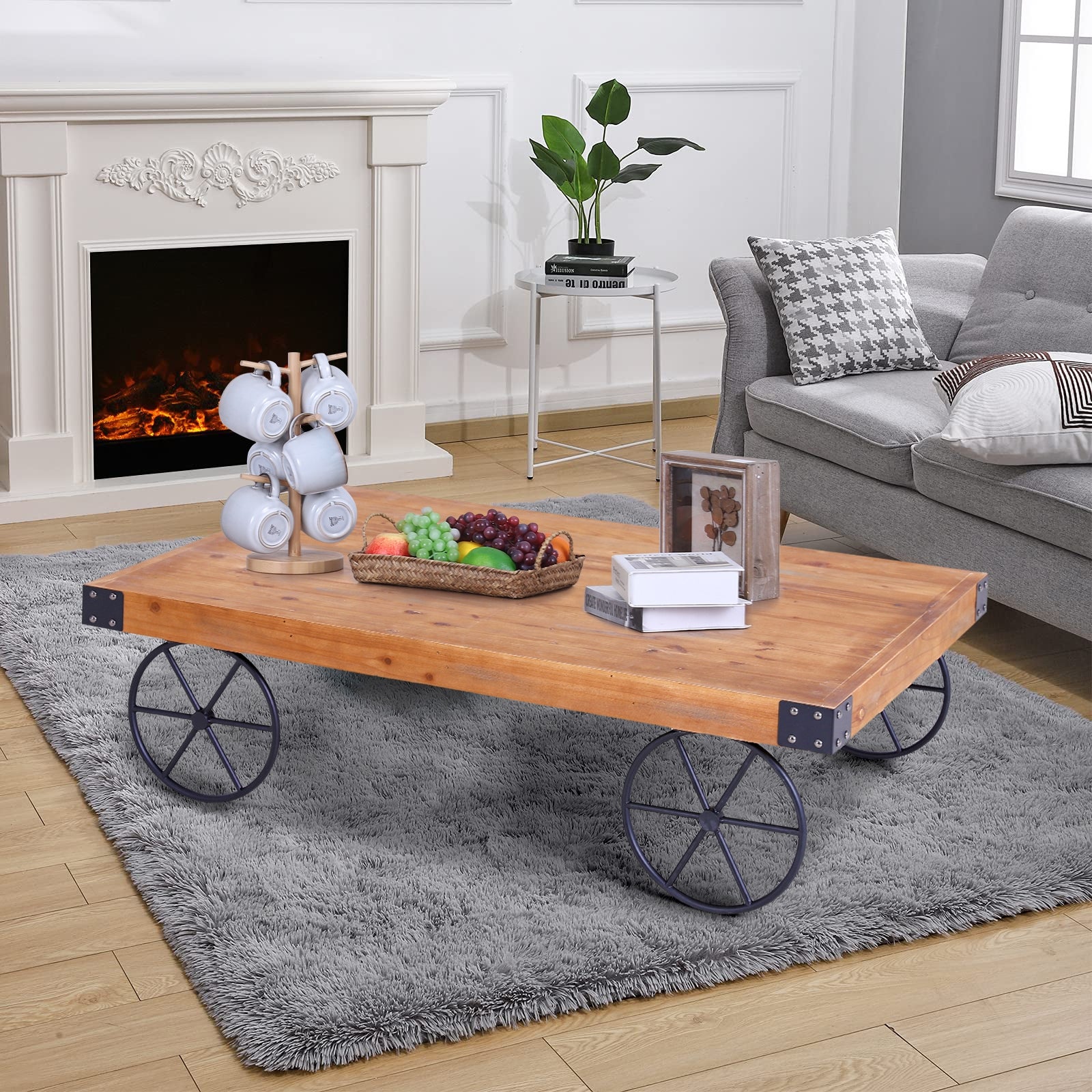 Sophia and William Rustic Coffee Table with Metal Wheels