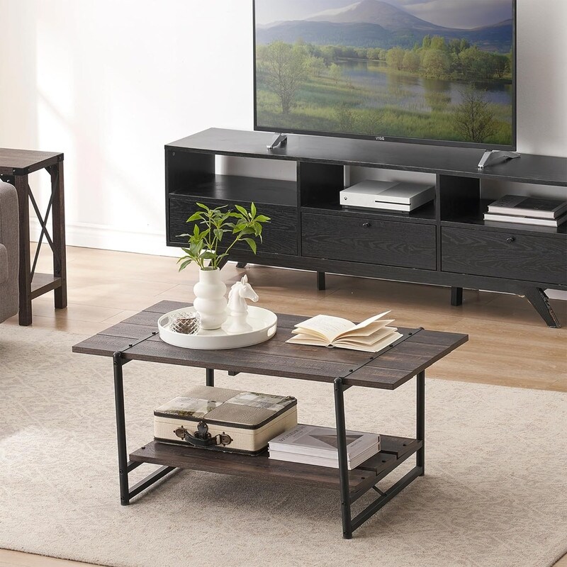 2 Tier Modern Industrial 41'' Large Wooden Coffee Table with Storage Shelf