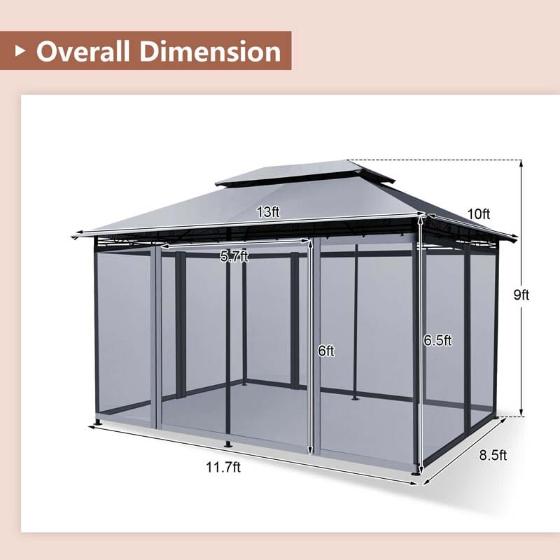 10 x 13 FT Steel Patio Gazebo with Mesh Curtains, 2 Tier Vented Roof Outdoor Canopy Gazebo Tent