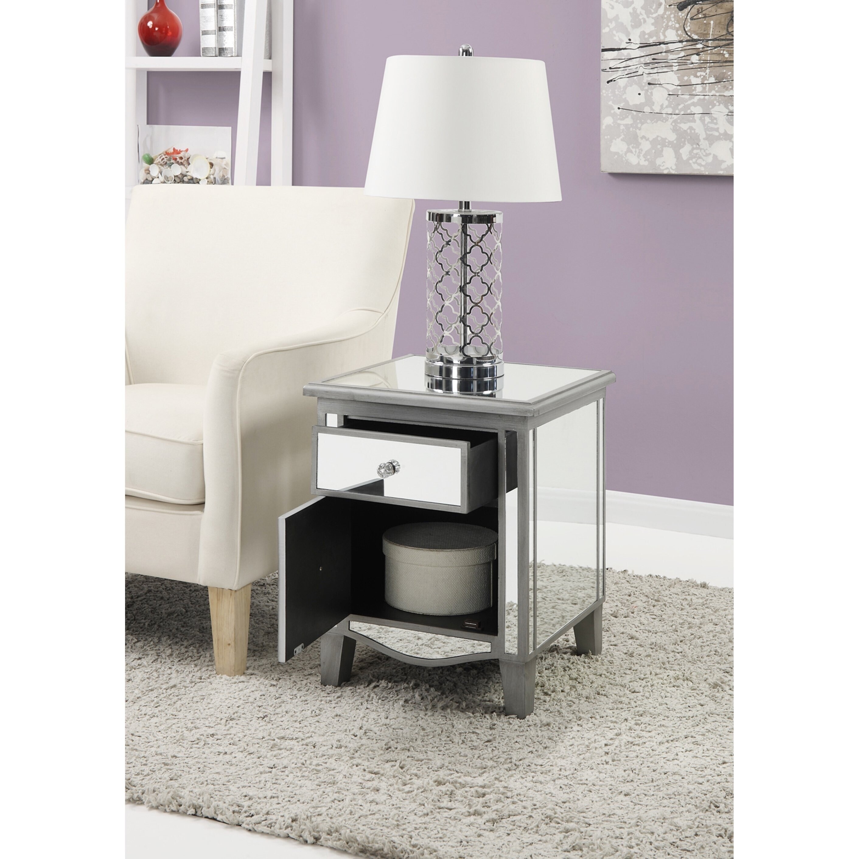 Silver Orchid Talmadge Mirrored End Table with Drawer and Cabinet