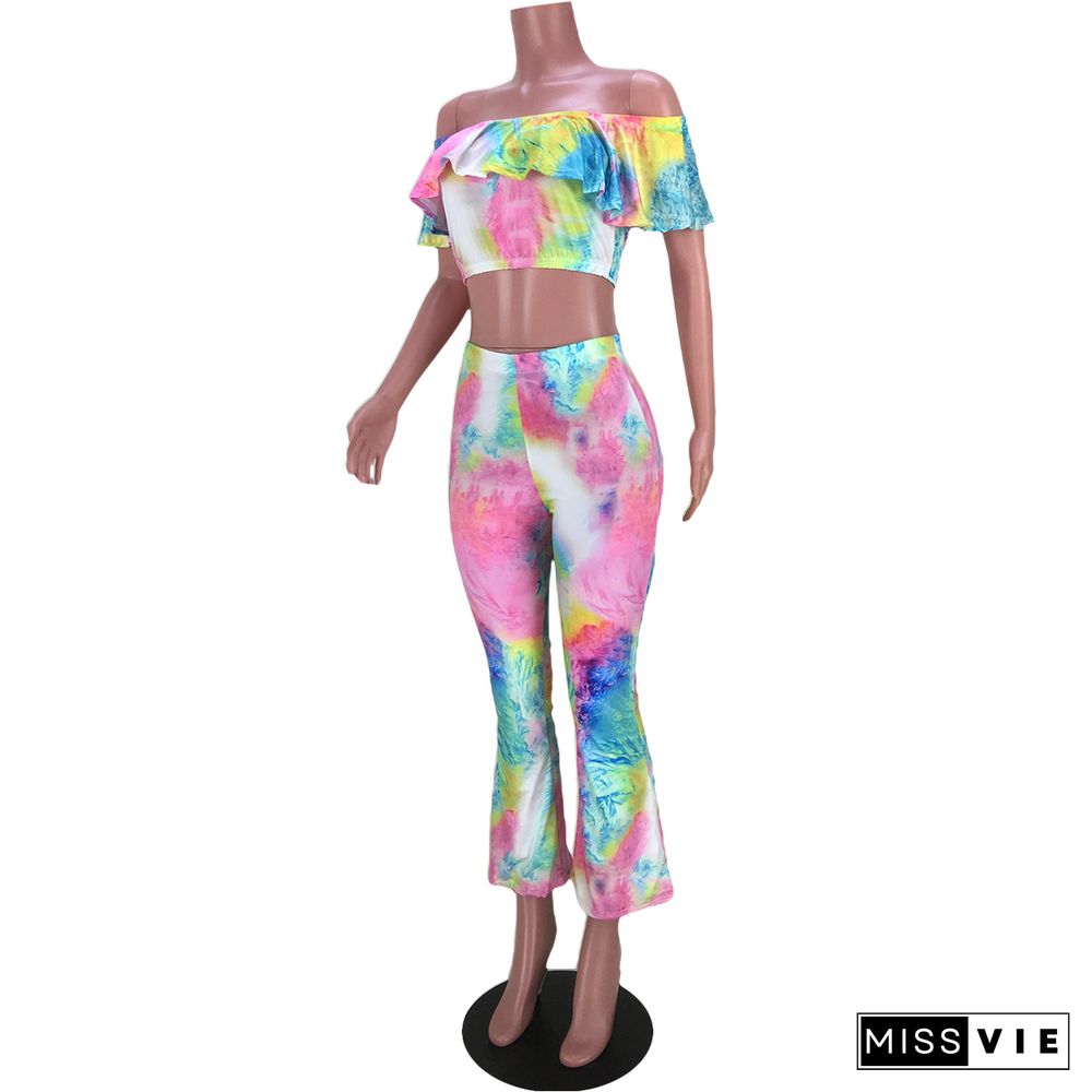 Tie Dye Ruffle Slash Neck Crop Top Flare Pants Outfits