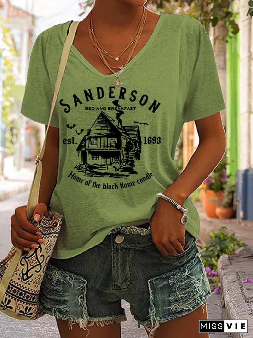 Women's Halloween Sanderson Witch Museum Casual V-Neck Tee