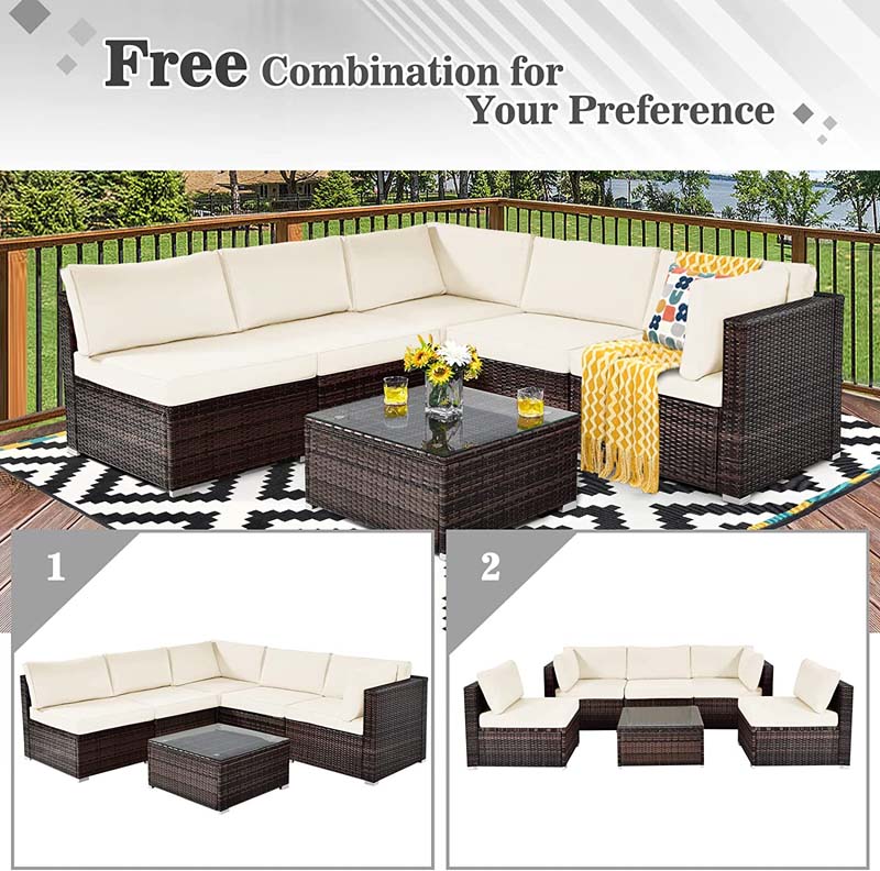 6 Pcs Rattan Patio Sectional Sofa Set Outdoor Conversation Furniture Set with Cushions & Glass Coffee Table