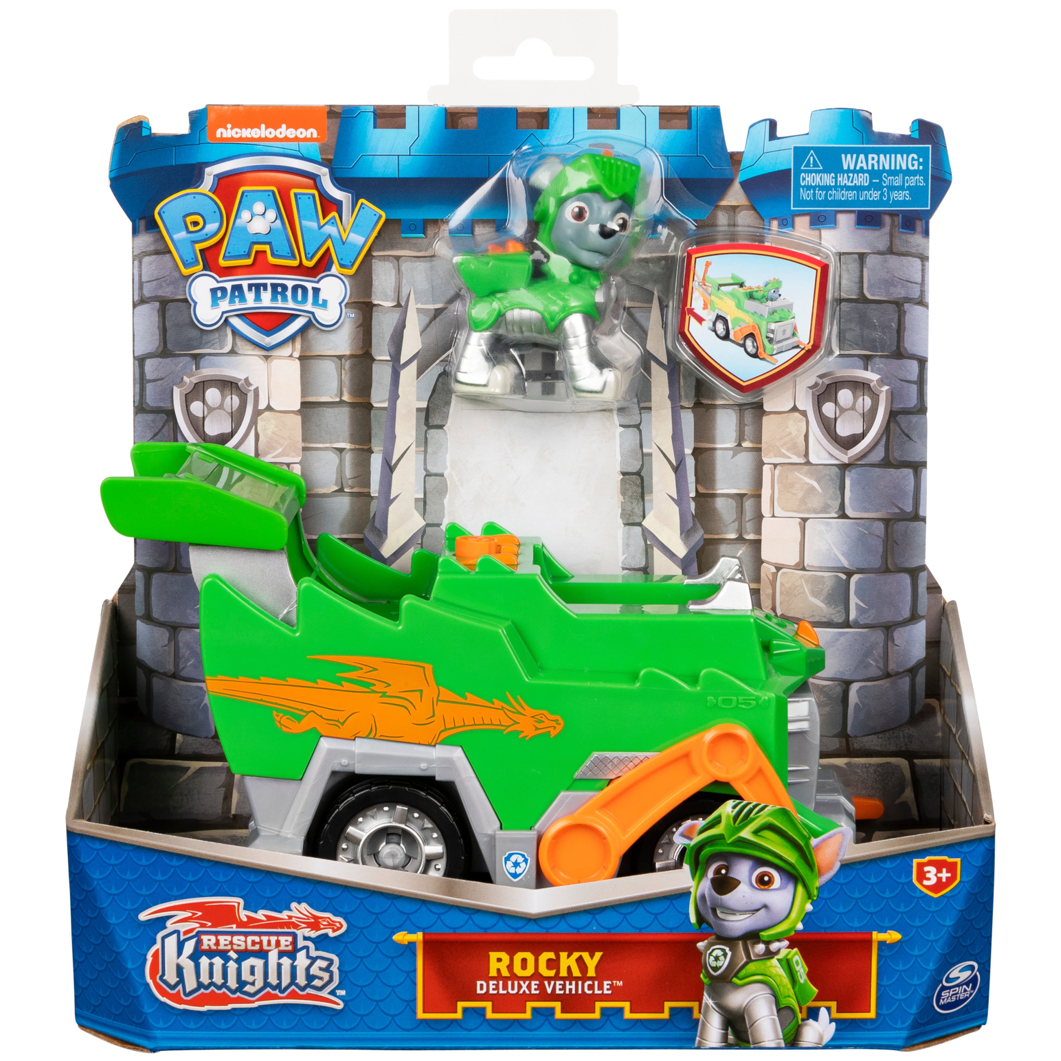 PAW Patrol， Rescue Knights Rocky Transforming Toy Car with Collectible Action Figure， Kids Toys for Ages 3 and up