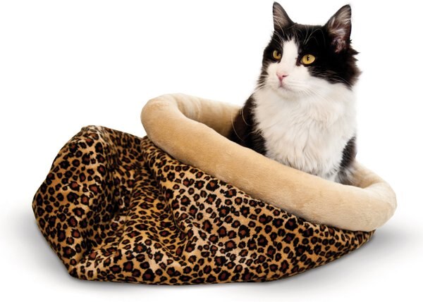 KandH Pet Products Self-Warming Cat Sack Covered Bag Warming Cat Bed， Leopard