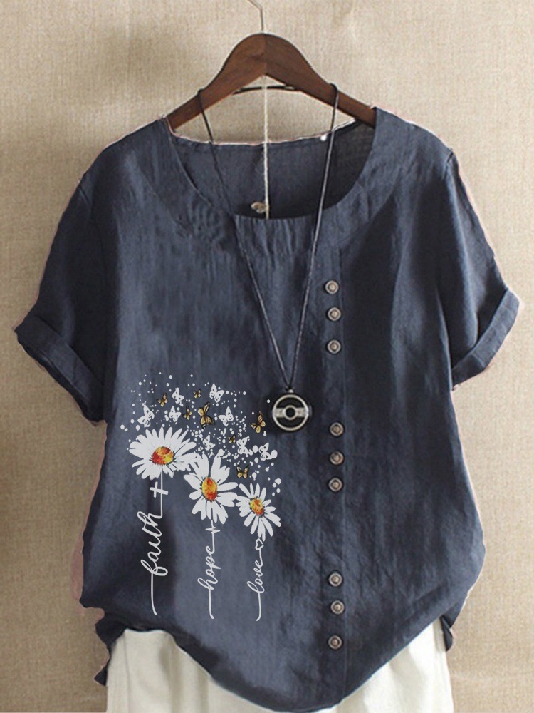 Round Neck Casual Loose Marguerite Flower Print Short Sleeve Blouse