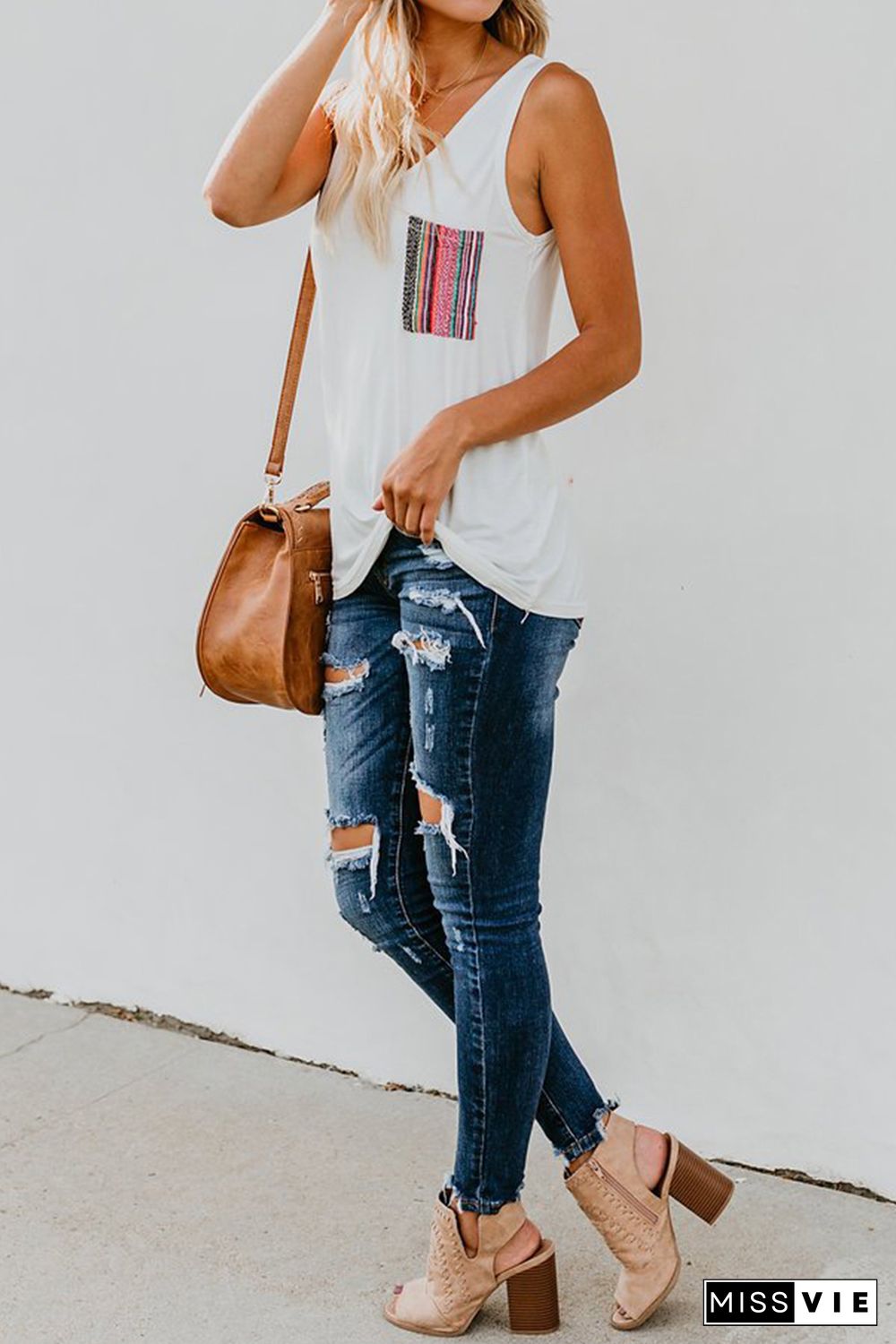 White Casual Women Tank Top with Multicolor Pocket