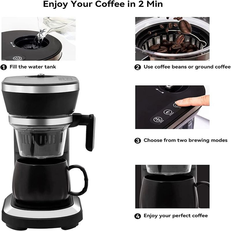 Bean to Cup Grind and Brew Coffee Maker， 2-in-1 One Cup Coffee Machine， Capacity 12-15 Oz