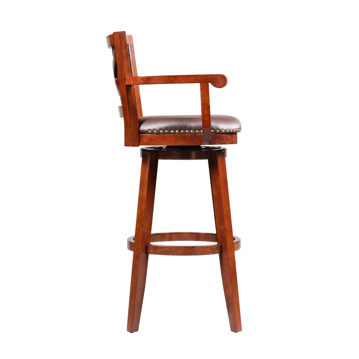 Hugo 34 Inch Swivel Barstool， Wood， Open Rolled Arms， Bonded Leather， Brown- Saltoro Sherpi