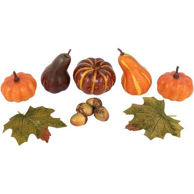 Harvest Artificial Pumpkin And Leaf Autumn Decoration 10pc Orange green