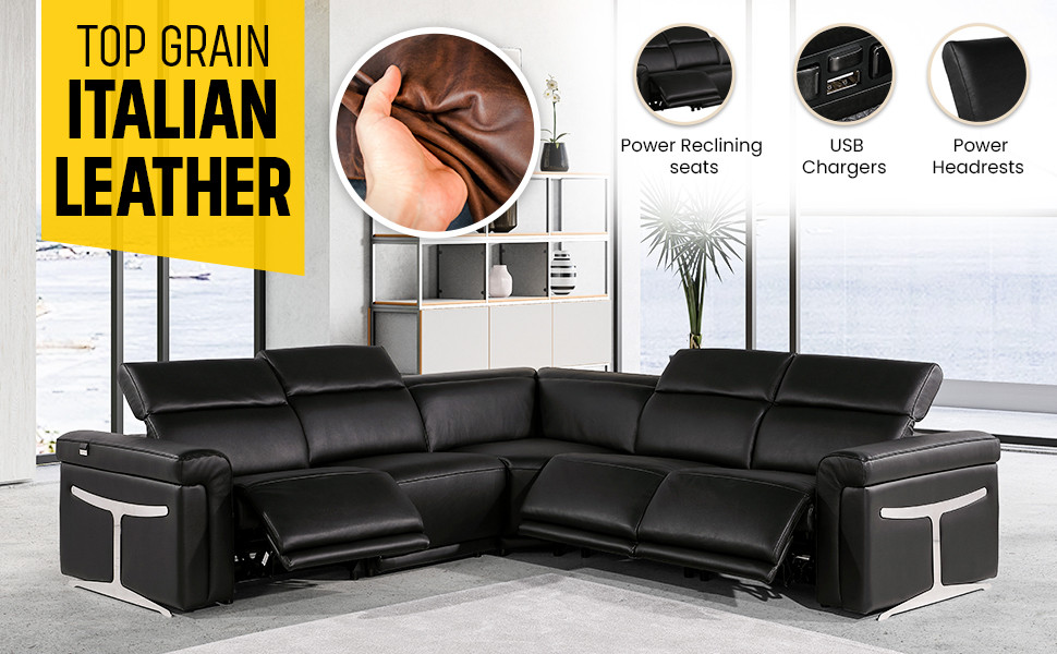 Giovanni 5 Piece 3 Power Reclining Italian Leather Sectional   Contemporary   Sectional Sofas   by Luxuriant Furniture  Houzz