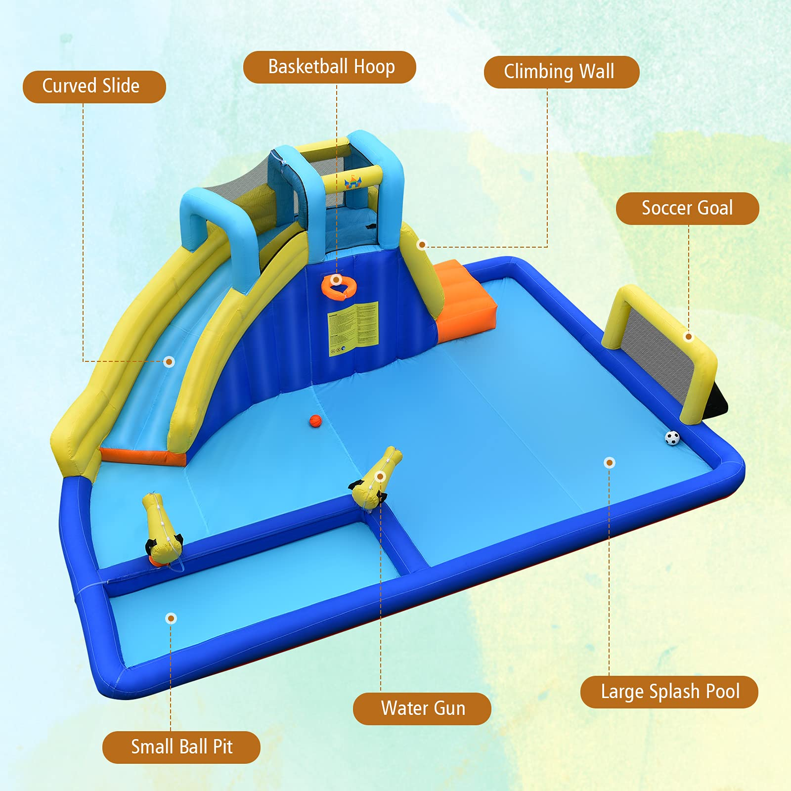 BOUNTECH Inflatable Water Park | 6-in-1 Bounce Pool Slide w/ Curved Slide