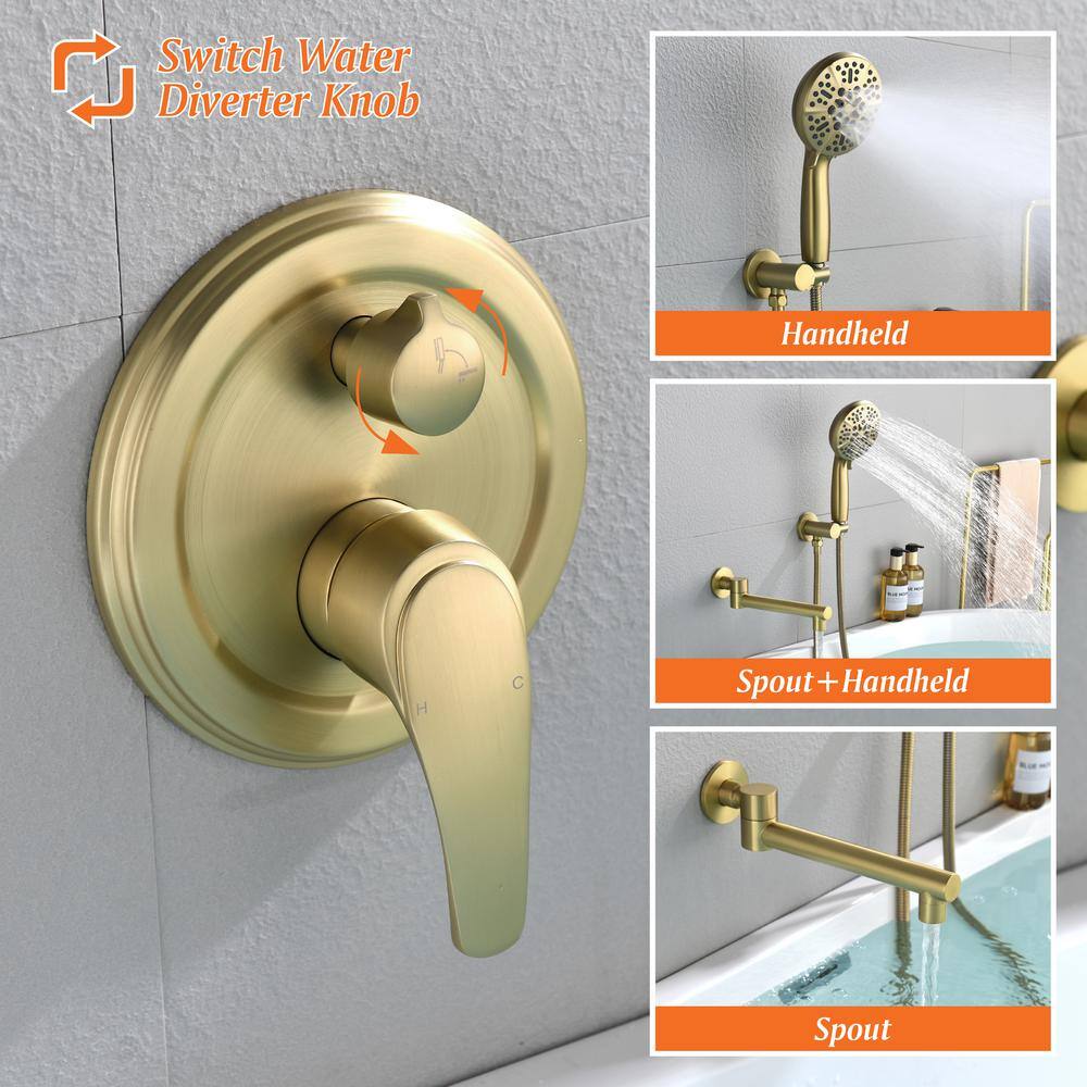 Miscool Round Single-Handle 7 -Spray Wall Mount Roman Tub Faucet with Swivel Spout in Brushed Gold (Valve Included) SHSMDH10C031GL