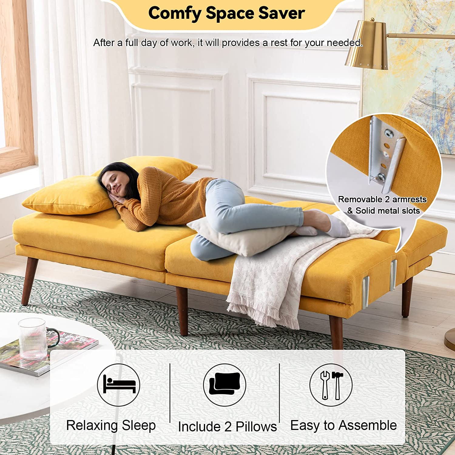 Vicluke Convertible Futon Sofa Bed, Modern Linen Split-Back Folding Sleeper Sofa Couches with Adjustable Backrest, Armrest, Wooden Frame & Leg for Living Room, Apartment, Hotel(Yellow)