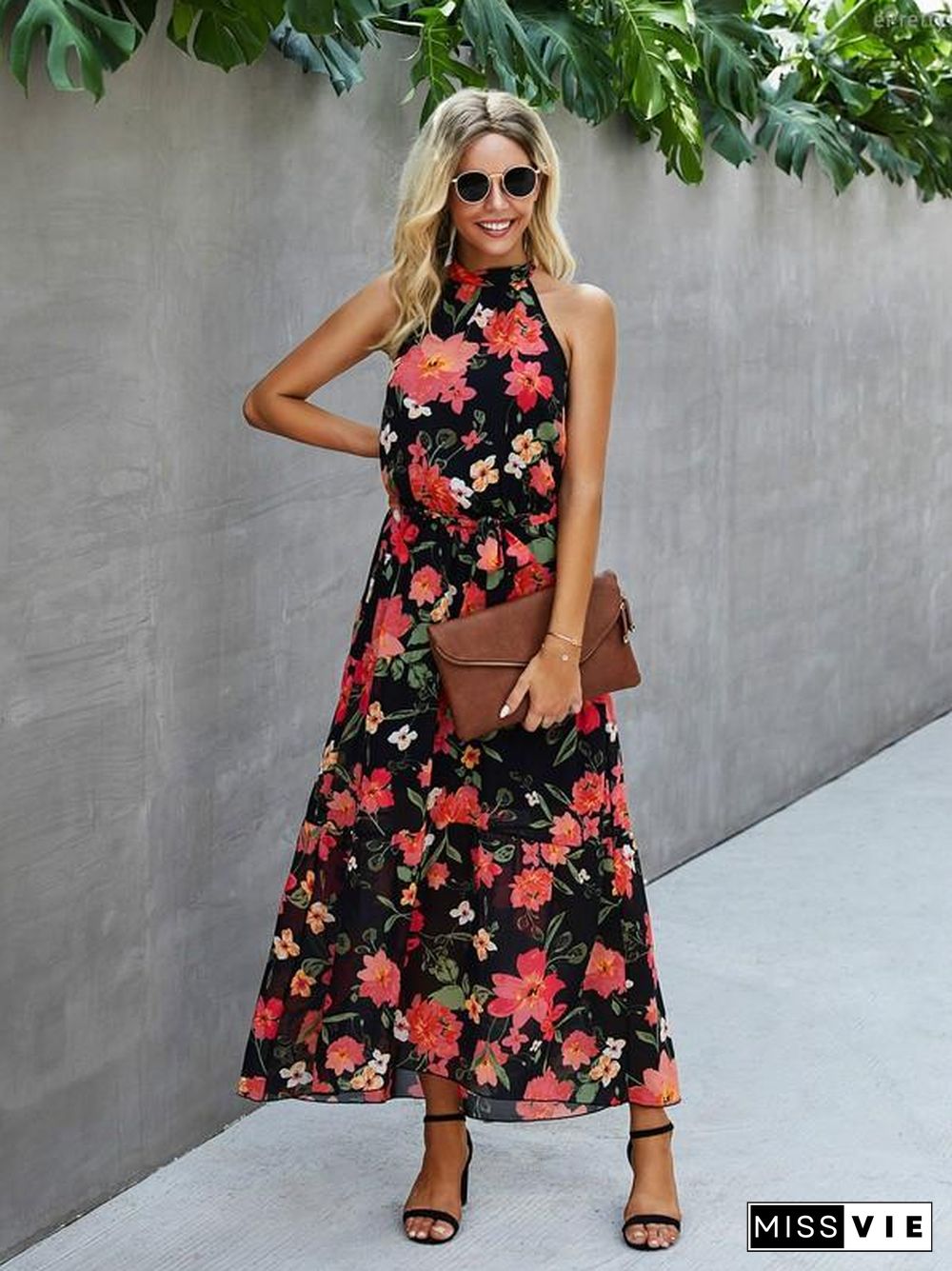 Sleeveless Backless Halter Neck Floral Maxi Dress