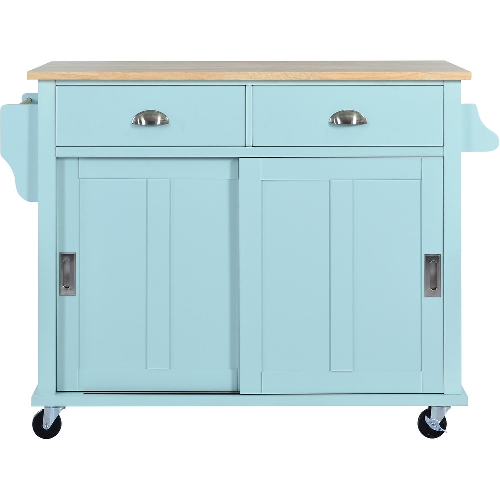 Kitchen Cart with Rubber wood Drop Leaf Countertop  Concealed Sliding Barn Door  Storage Cabinet   2 Drawers for Dinning Room