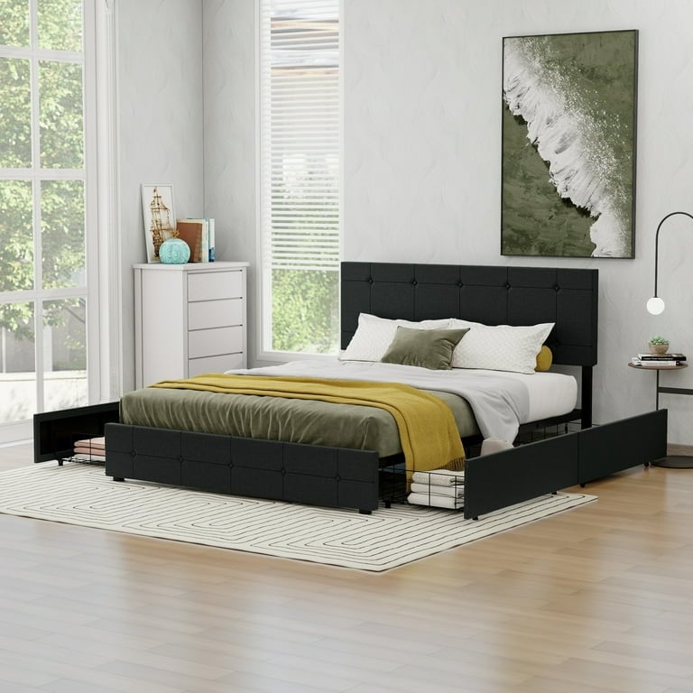 NNV Upholstered Platform Bed Frame with 4 Storage Drawers  Button Tufted Design