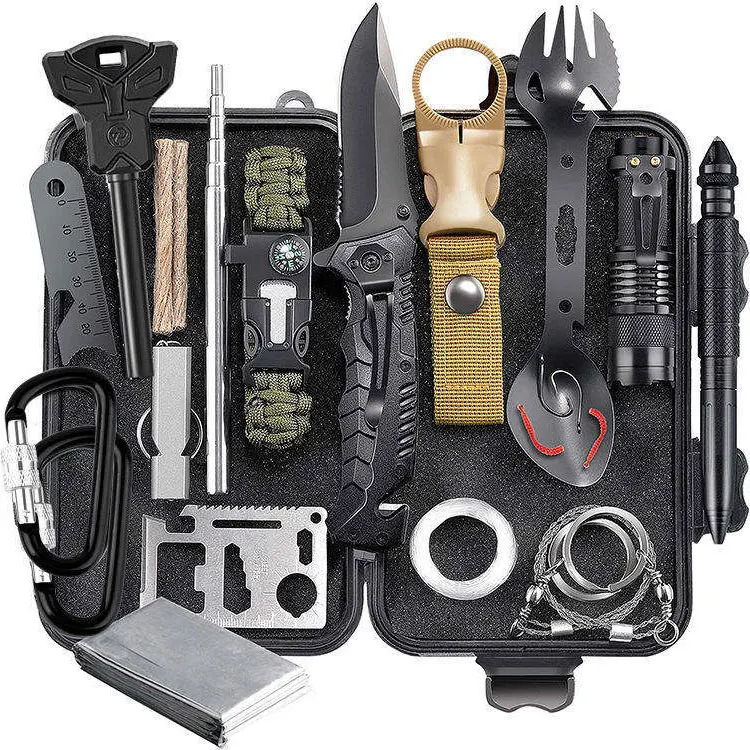 Outdoor multi functional survival equipment outdoor adventure set disaster prevention doomsday tool box whistle flint survival