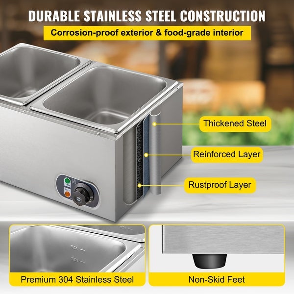 2-Pan Commercial Food Warmer， 1200W Electric Steam Table 15cm/6 in Deep