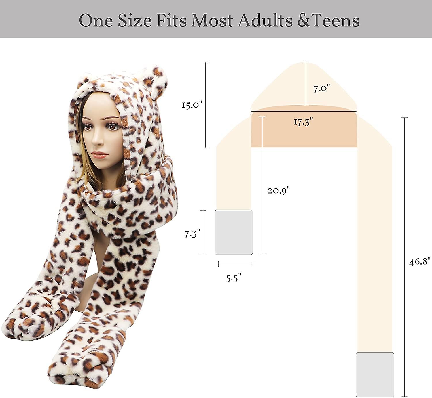 Winter Faux Fur Hood Hat Scarf And Gloves 3 In 1 Hooded Scarf For Women Men Leopard Print Beige -