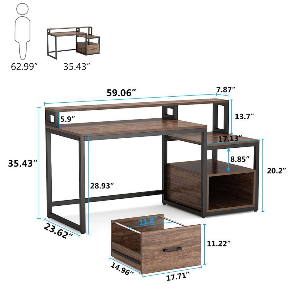 Tribesigns Cassey 59 in. Brown Computer Desk Vintage Wood Large Home Office Desk with File Drawer Storage Shelves and Hutch TJHD-HOGA-C0157