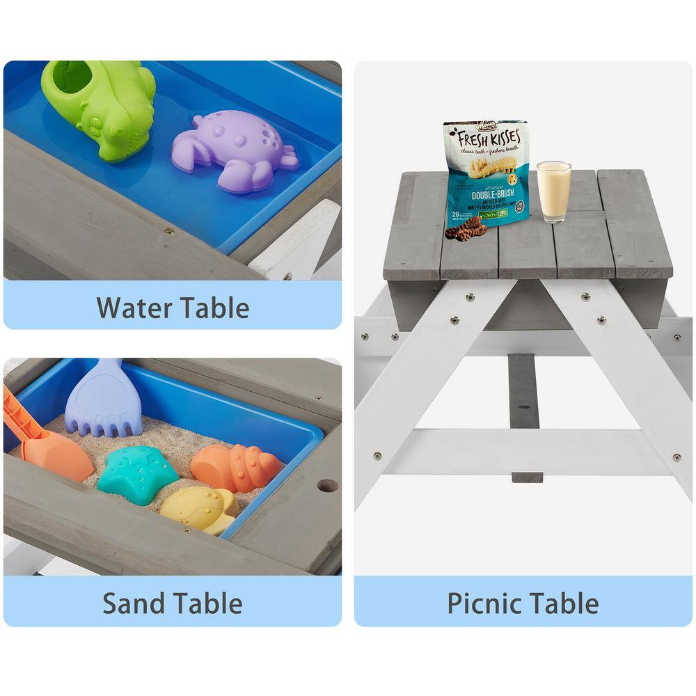 Siavonce Gray Solid Wood 3-In-1 Kids Outdoor Picnic Tables with Umbrella Convertible Sand and Water DJ-ZX-D46981251