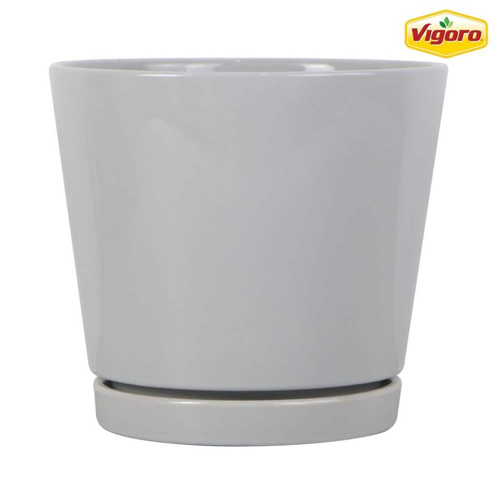 Vigoro 8.1 in. Piedmont Medium Gray Ceramic Pot (8.1 in. D x 7.6 in. H) with Drainage Hole and Attached Saucer CR01721S-08H