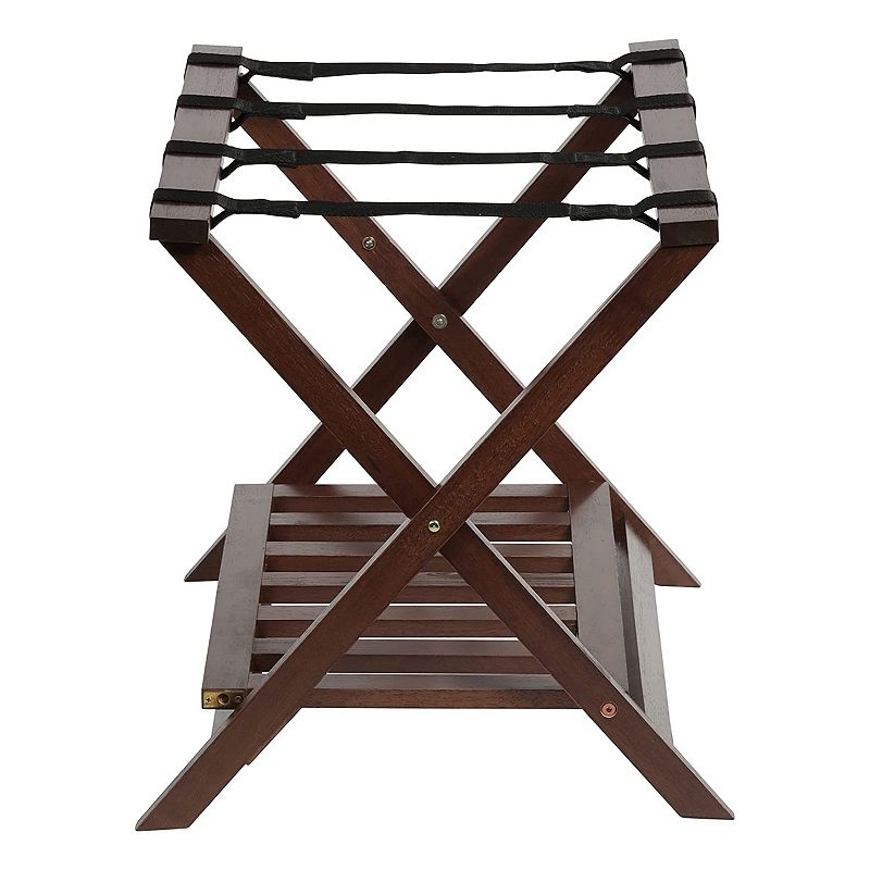 PJ Wood Hotel Style Wood Home Folding Suitcase Luggage Rack with Shelf， Walnut