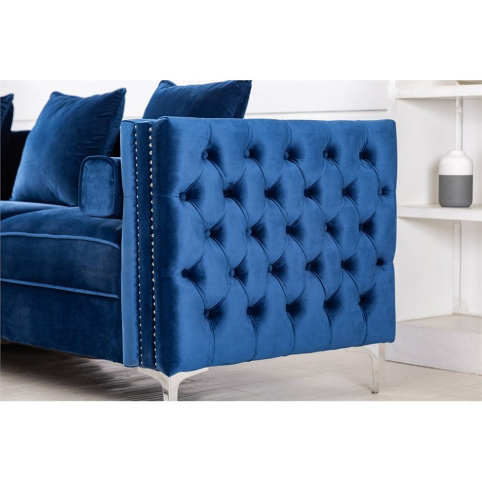 Legend Vansen 104 quotModern Wood  ampVelvet Fabric Sofa with Ottoman in Blue   Midcentury   Sectional Sofas   by Homesquare  Houzz