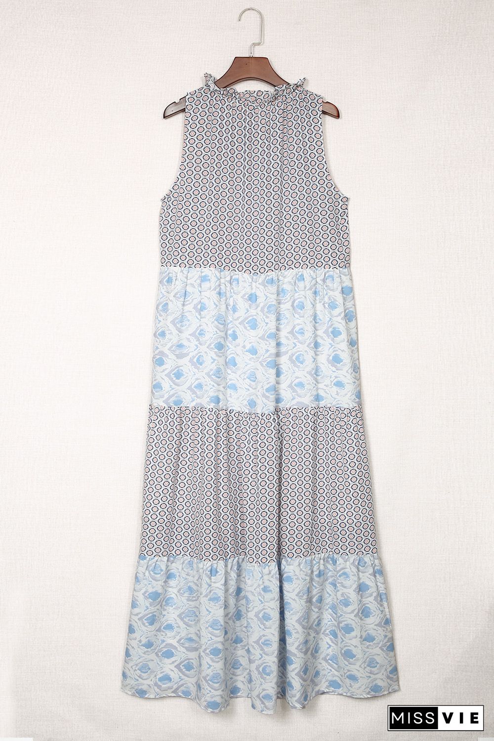 Sky Blue Abstract Print Split Neck Sleeveless Maxi Dress