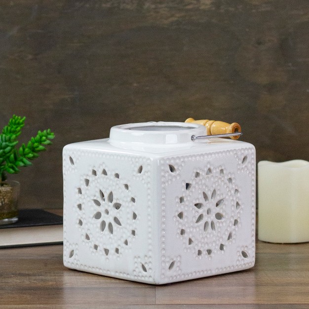 White Crackle Finish Square Mosaic Cut Out Candle Lantern