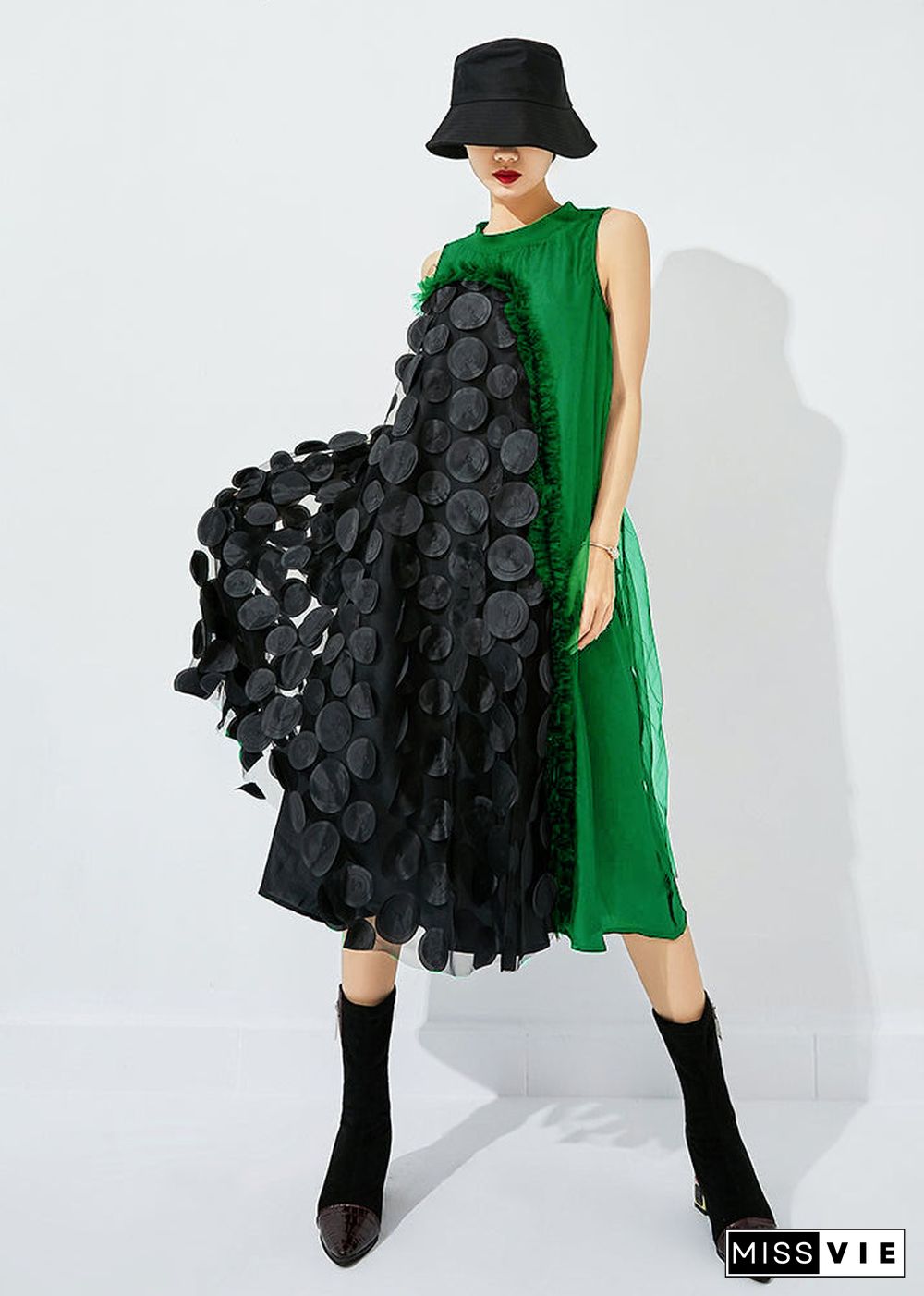 Bohemian Black-Green Dot Asymmetrical Patchwork Wrinkled Tulle Maxi Dress Sleeveless