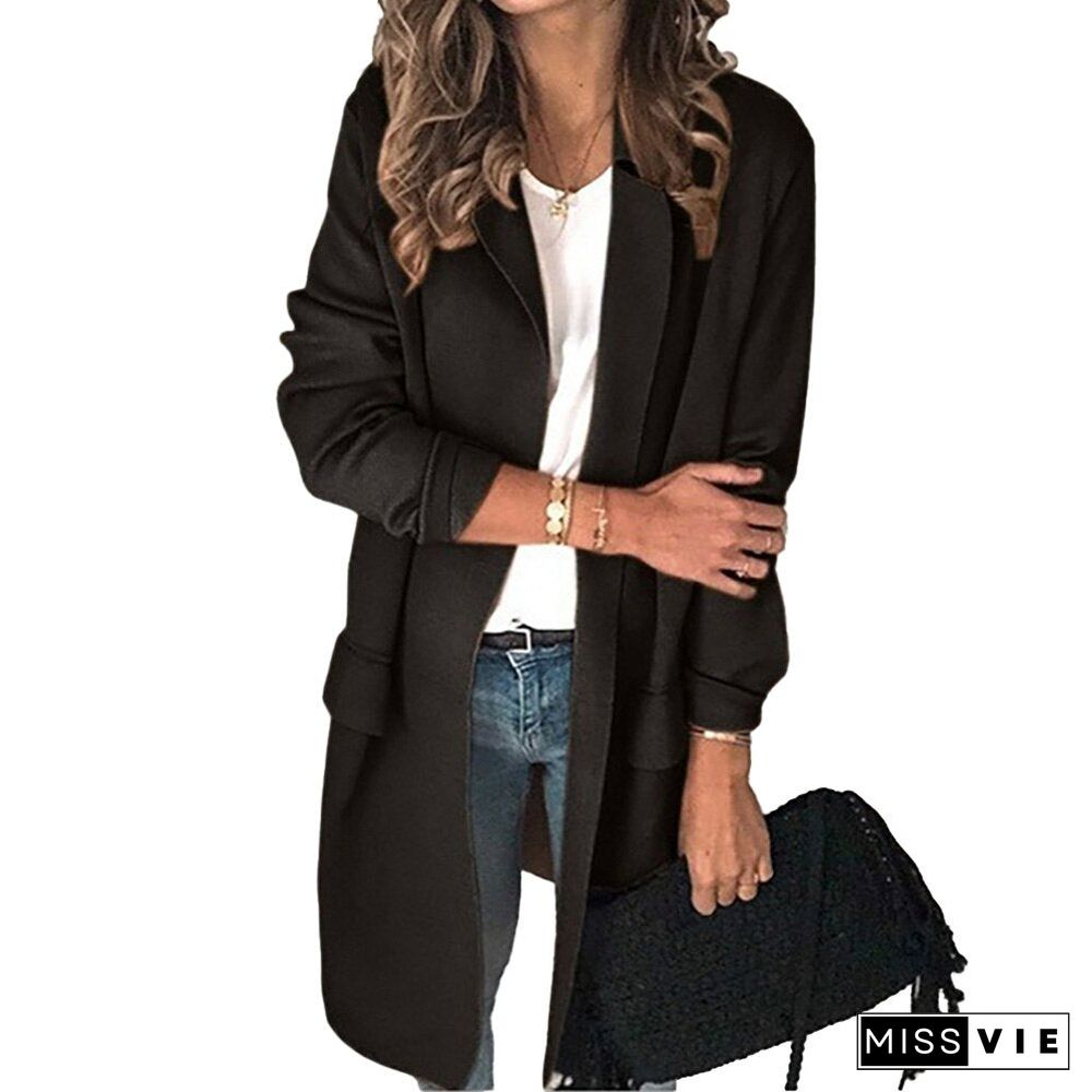 Women Eleagnt Office Lady Blazer Casual Fake Pocket Long Sleeve Long Coat Turn-down Collar Suit Vintage Fashion Winter Jacket