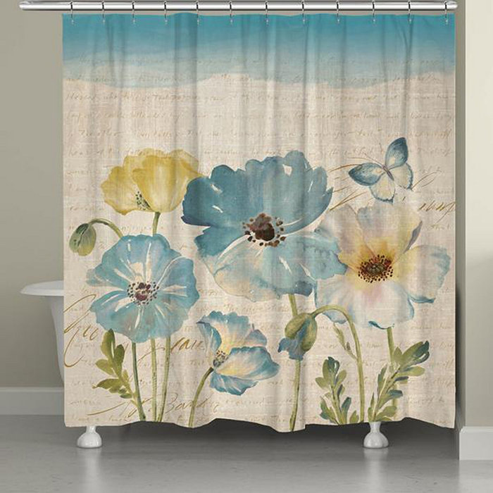 Laural Home Teal Poppies Shower Curtain