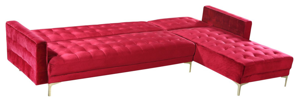 Right Facing Sectional Sleeper Sofa  Golden Legs With Tufted Velvet Seat   Midcentury   Sleeper Sofas   by Decorn  Houzz