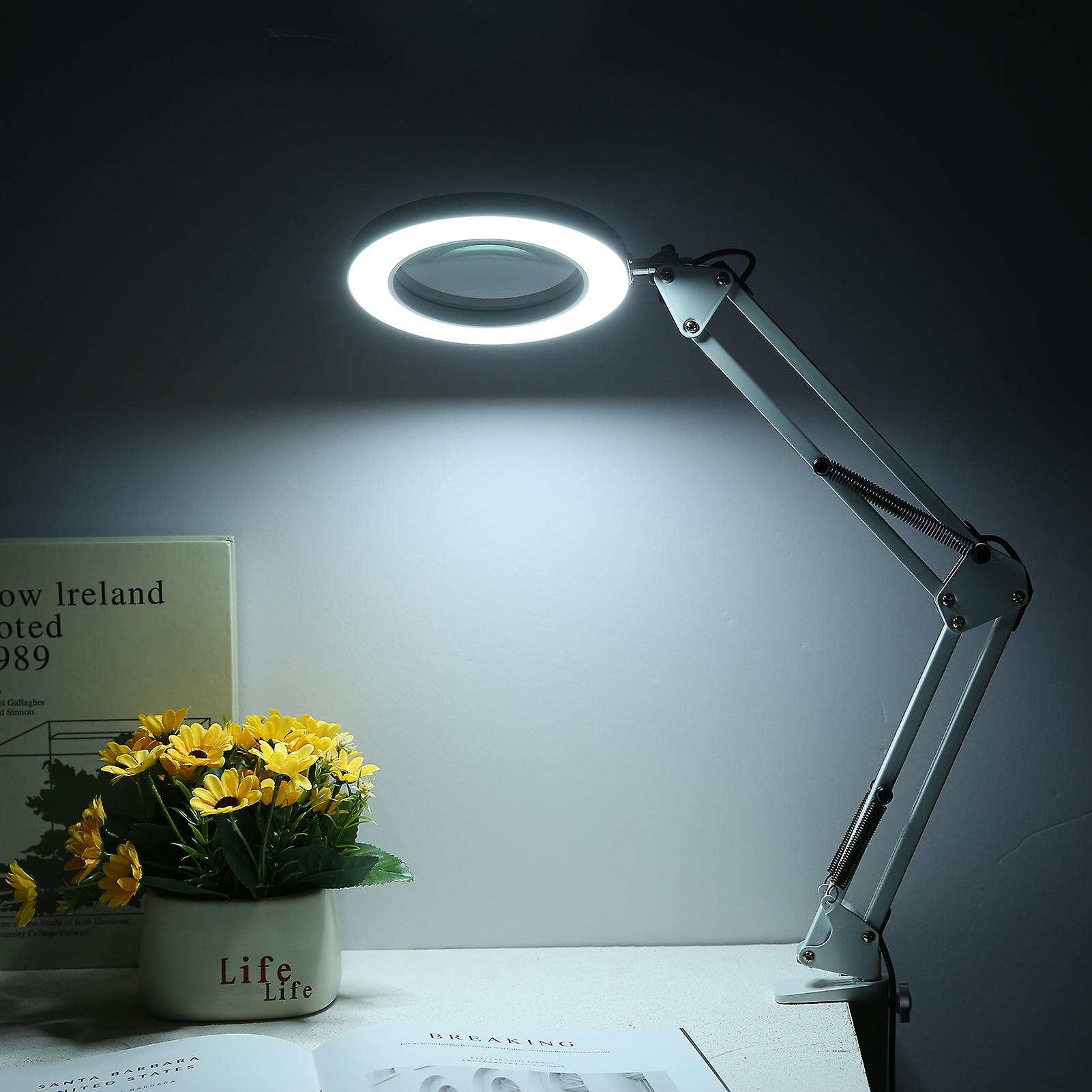 D C5v 2a 8w 80leds Desk Light With 5x Magnifier Swing Arm Clamp-on Table Lamp Usb Powered With Controller 3 Colors Temperature Changing/ 10 Levels Dim