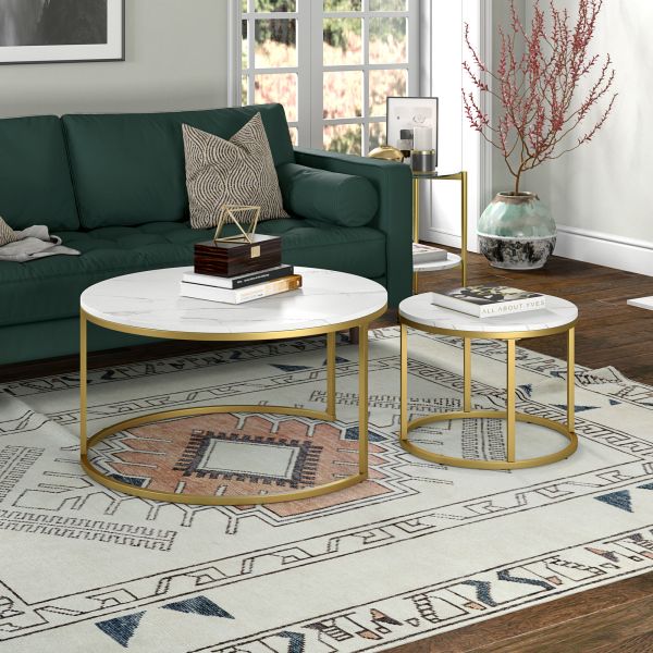 Watson Round Nested Coffee Table with Faux Marble Top in Gold