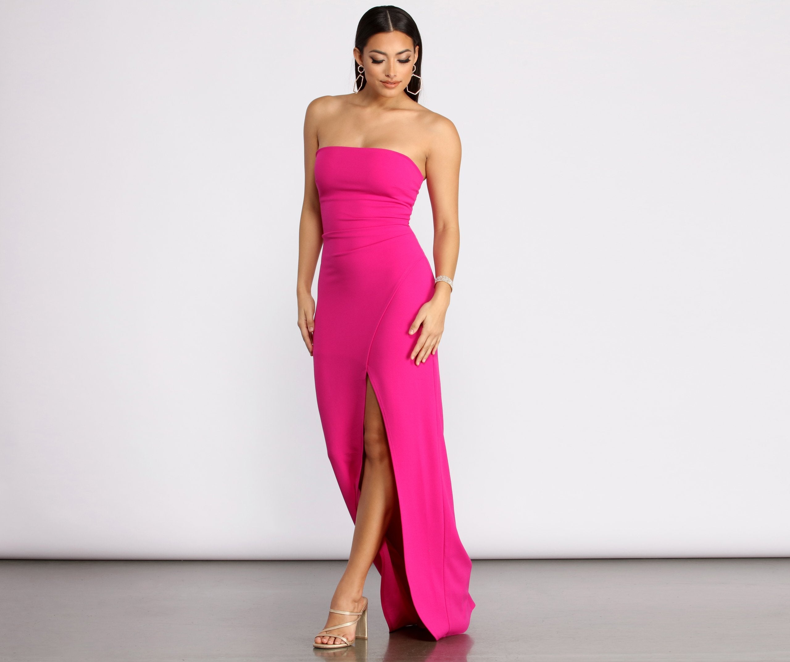 April Front Slit Strapless Crepe Dress