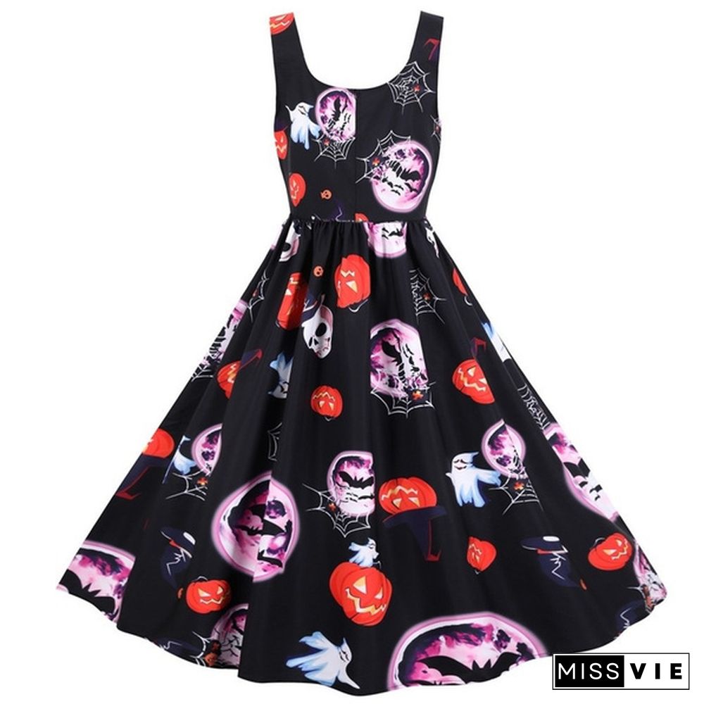 Women Halloween Party Dress Sleeveless Skull Pumpkin Printed Swing Dress