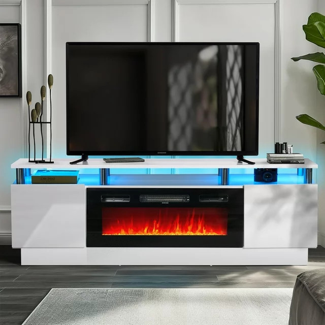 Modern Entertainment Center  Fireplace  ampOpen Shelves With LED Lighting   Modern   Entertainment Centers And Tv Stands   by Declusia  Houzz