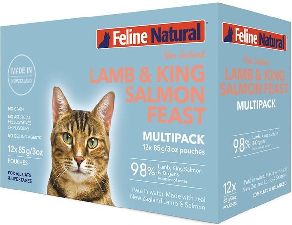 Feline Natural Lamb and King Salmon Grain-Free Wet Cat Food， 3-oz pouch， case of 12