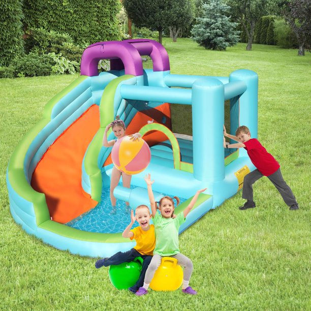 New Inflatable Bounce House, 420D Oxford Cloth PVC Bouncy Castle Blue (Slide/Pool/Trampoline/Water Gun) - Including Blower