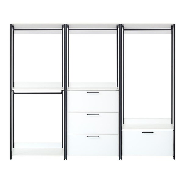 Garment Rack White Freestanding Walk in Wood Closet System with Metal Frame and 4-Drawer， Bedroom Clothing Armoires - - 37828157