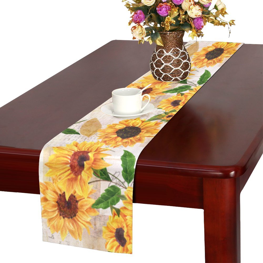 MKHERT Vintage Sunflowers on Postcards Newspaper Table Runner Home Decor for Kitchen Dining Wedding Party 16x72 Inch