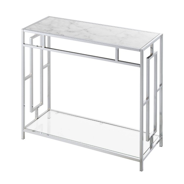 Town Square Chrome Faux Marble Glass Hall Table With Shelf White Marble glass chrome Breighton Home