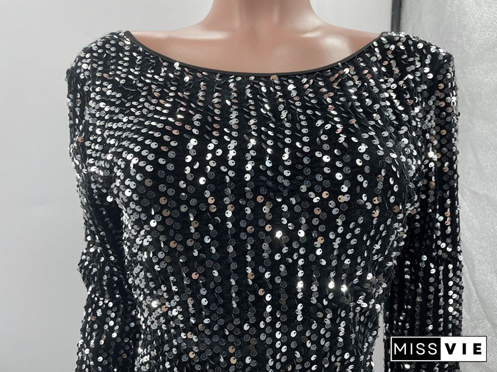 Elegant Sequins Long Sleeve Backless Mini Dress