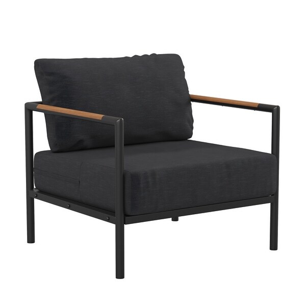 Metal Frame Patio Chair with Teak Arm Accents and Plush Cushions