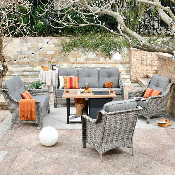 OVIOS 5piece Patio Wicker Conversation Set With Fire Table