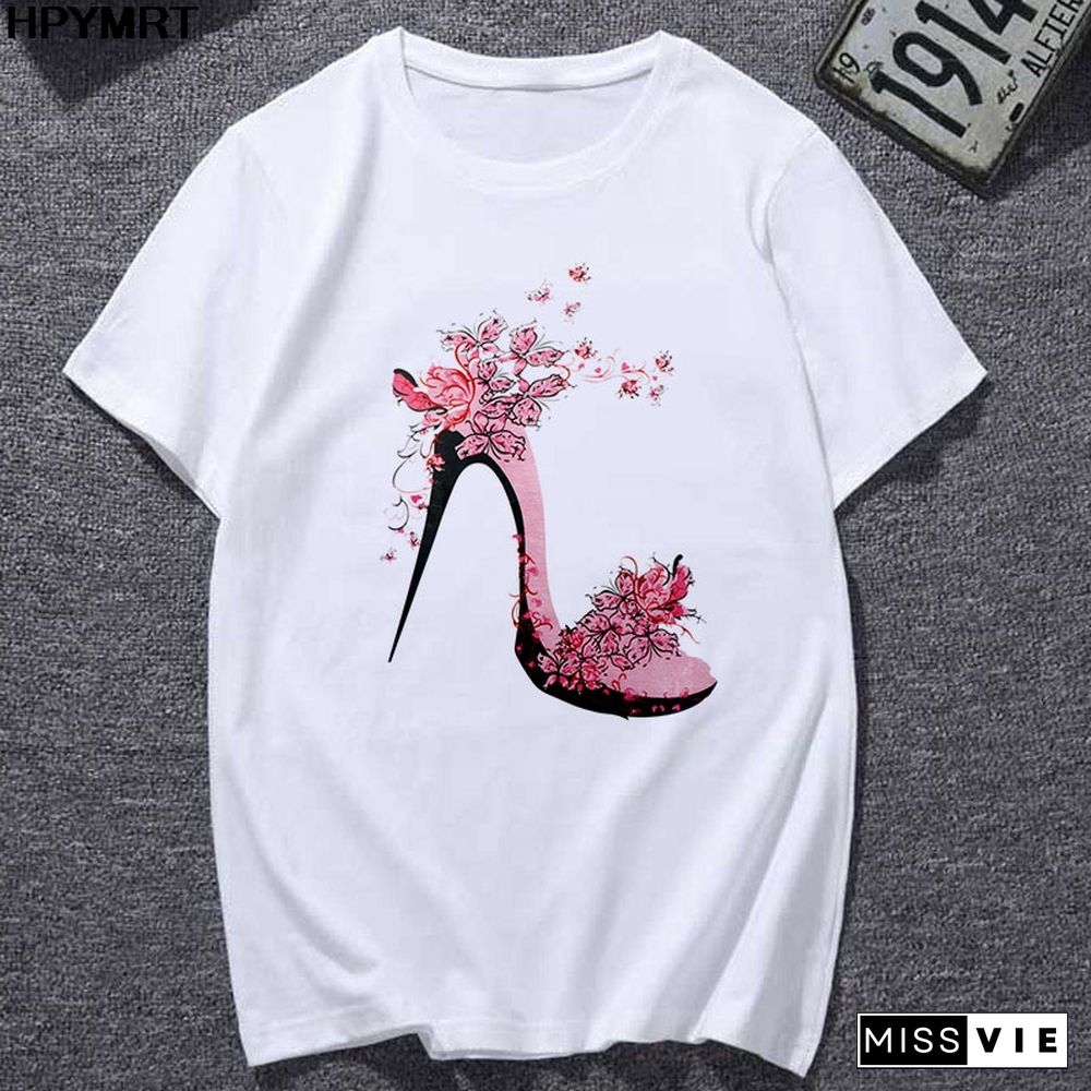 Summer Newest T-Shirts Women Watercolor High Heels Printed Femme T-shirt